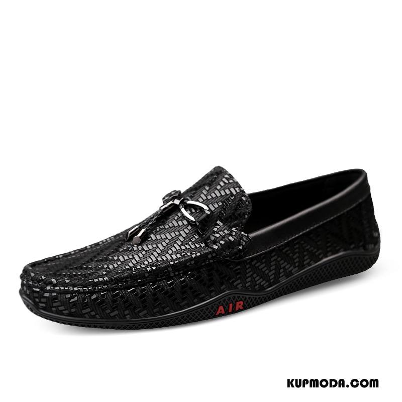 Mokasyny Męskie Prawdziwa Skóra Buty Żeglarskie Miękka Podeszwa Oddychające Slip On Casual Czarny