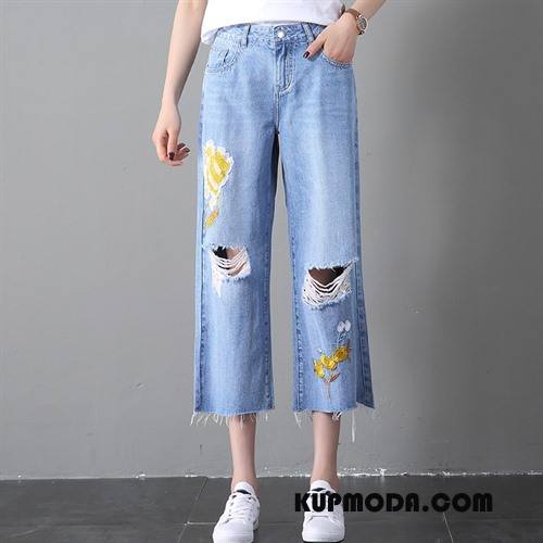 Spodnie Damskie Wygodne Szerokie Lato Casual Denim Spodnie Capri Niebieski