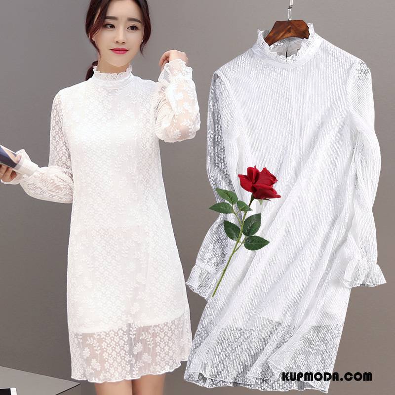 Sukienka Damskie Środkowa Stan 2018 Pullover Guziki Szycie Koronkowe Czysta Biały