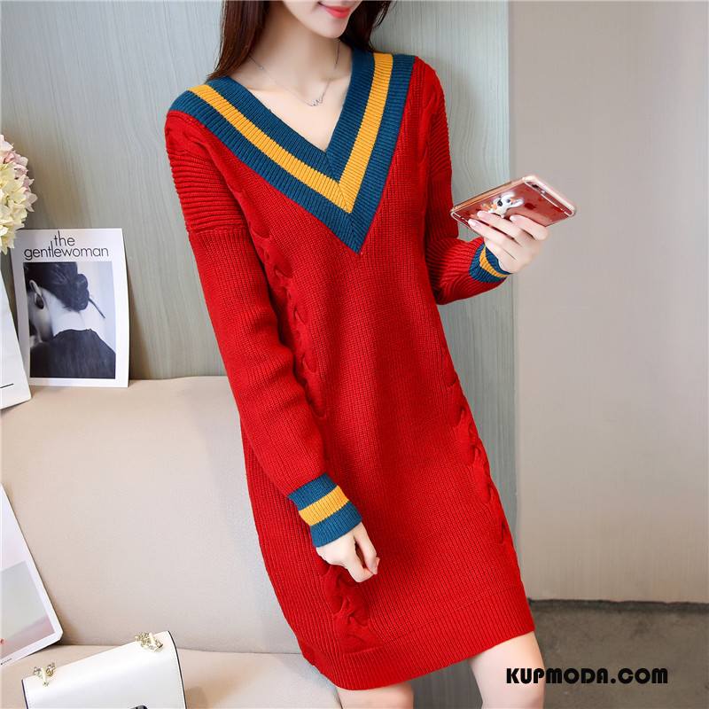 Swetry Damskie Sweter Slim Fit Eleganckie Pullover Długie Jesień Mieszane Kolory Czerwony