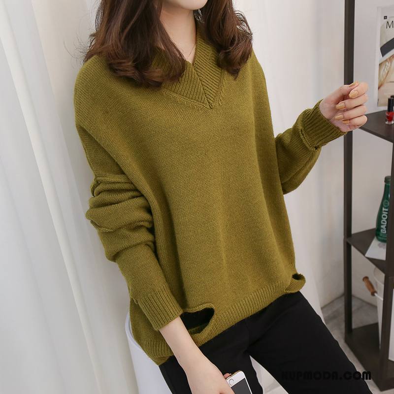 Swetry Damskie Szerokie 2018 Długie Sweter Moda Długi Rękaw Czysta Zielony