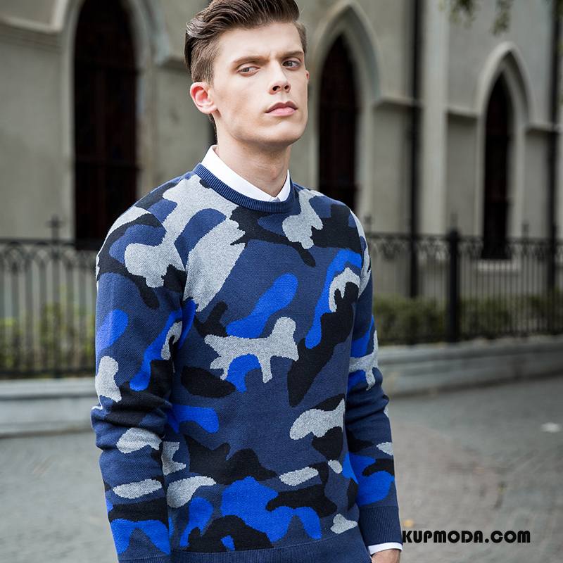 Swetry Męskie Sweter Tendencja Podkoszulek Okrągły Dekolt Moda Pullover Kamuflaż Niebieski